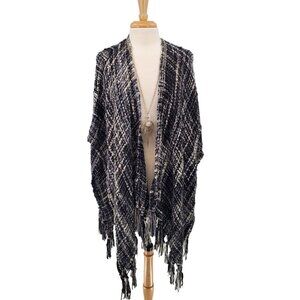 Womens Chunky Knit Fringe Poncho Cardigan Sweater One Size Black White Boho‎